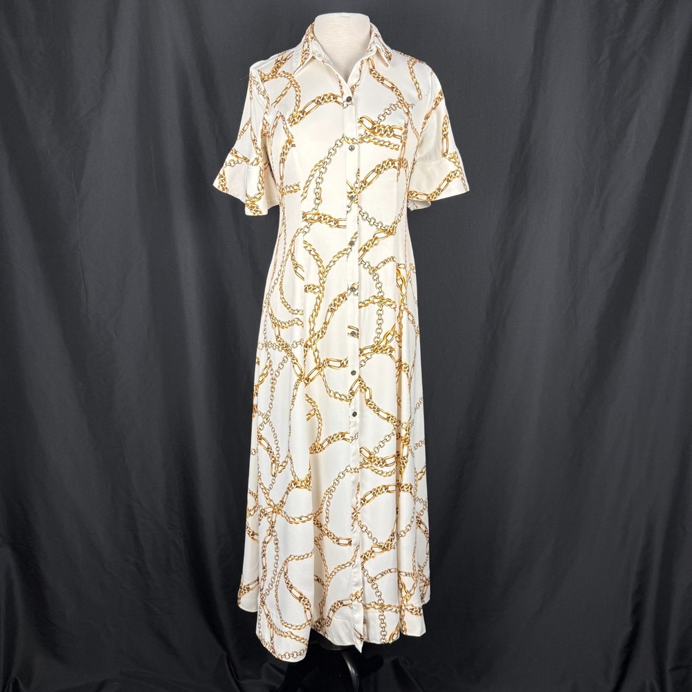 Anthropologie Maeve Chain Print Ivory Button Front Shirt Dress Sz Medium